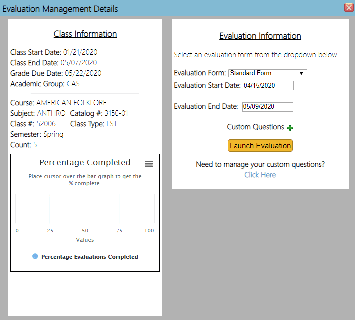 Evaluation Management Details menu